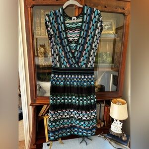 Vintage M Missoni Black, Teal & Pink Geo Knit Midi Dress